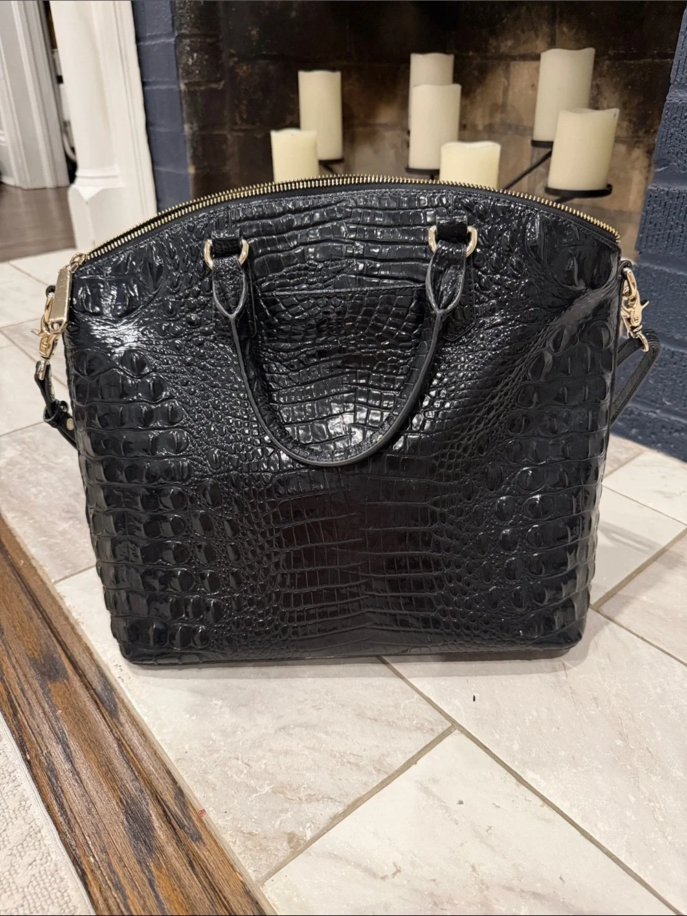 Brahmin Black Croc-Embossed Satchel with Detachable Strap